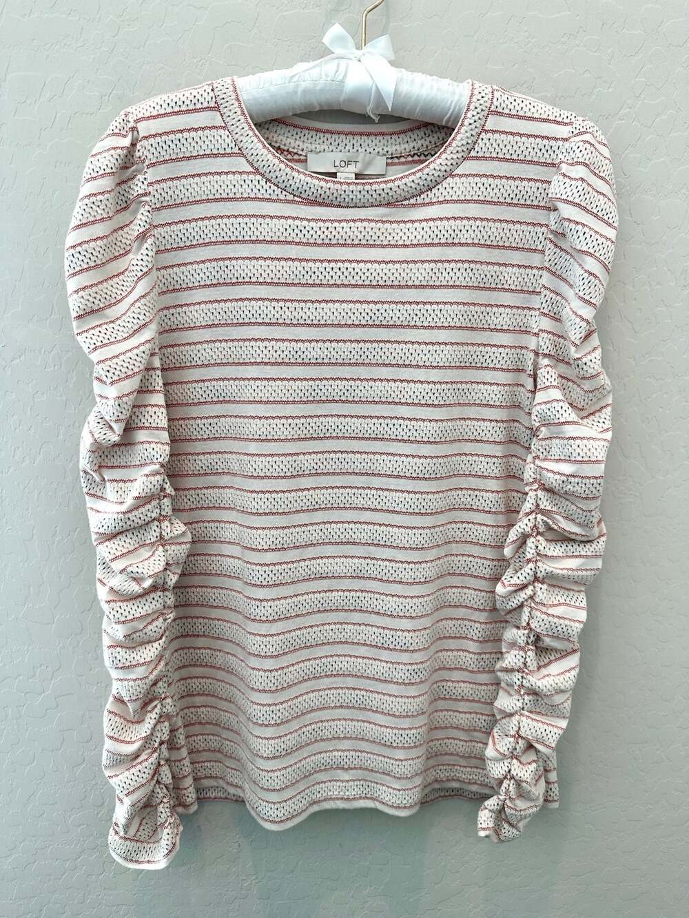 LOFT Ruched Sleeve Knit Top Striped Puff Sleeve Cottagecore Boho NWT Large